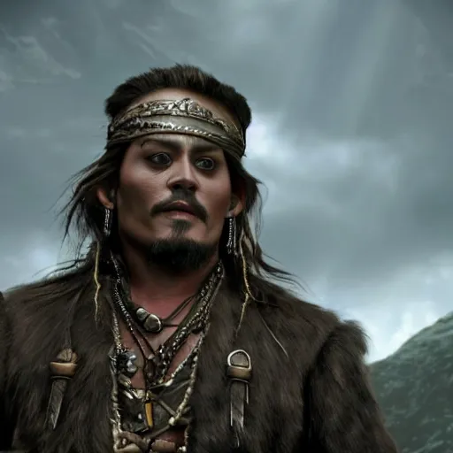 Image similar to stunning awe inspiring johnny depp as dwarf in a fantasy film, movie still 8 k hdr atmospheric lighting