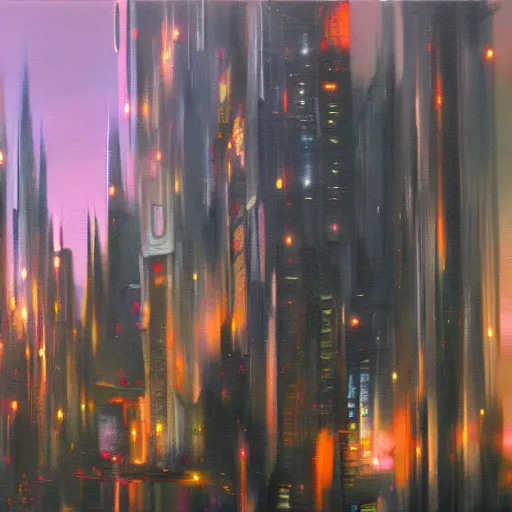 Prompt: oil in canvas, cyberpunk castle