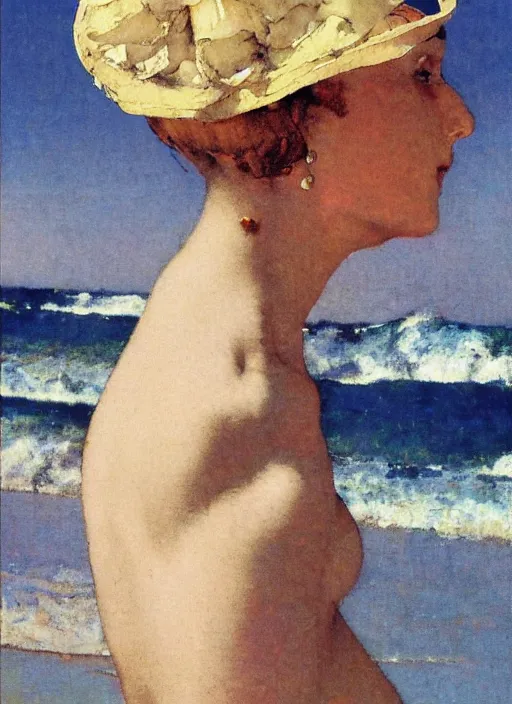 Image similar to illustration upper body and head portrait of elegant woman in the beach, by norman rockwell, roberto ferri, daniel gerhartz, edd cartier, jack kirby, howard v brown, ruan jia, tom lovell, frank r paul, jacob collins, dean cornwell, pulp 5 0 s scifi