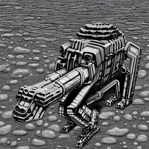 Image similar to realistic amphibious combat mecha in the style of m. c. escher, h. r. giger