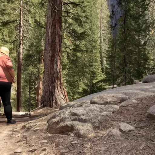 Prompt: An obese hiker at Yosemite park spots a Sasquatch, misty, atmospheric