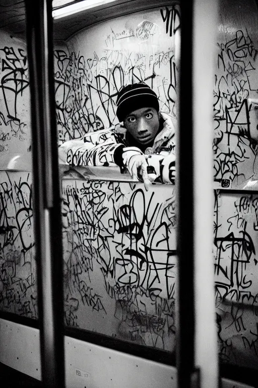 Image similar to subway cabin inside all in graffiti, man in stussy jacket closeup writing graffiti, night, film photography, exposed b & w photography, christopher morris photography