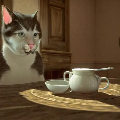 Image similar to cute cat drinking milk from a porcelain plate, in game pathologic 2, digital art, unreal engine, cinematic composition, sharp, details, hyper - detailed, hd