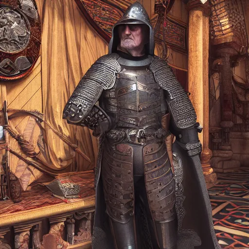 Prompt: full body portrait of Dennis hopper as a devious medieval lord in a big medieval Shop, trending on artstation, style of midjourney, unreal engine, octane render, intricate details, 8k high definition, beauriful, ornate, hypermaximalistic