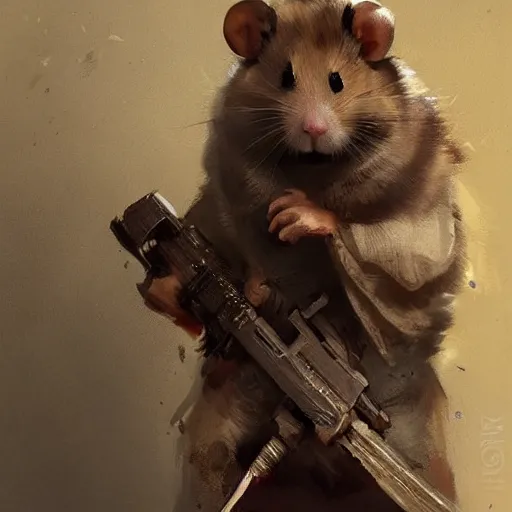 Prompt: a hamster holding a weapon by greg rutkowski