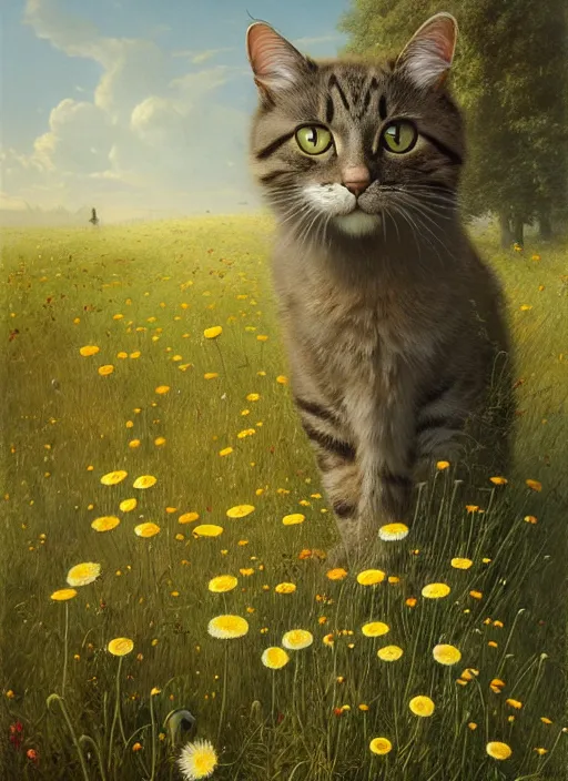 Image similar to the cat in the meadow from flowers : dandelions, poppy, tulip, chamomile, hyperrealism, no blur, 4 k resolution, ultra detailed, style of ivan shishkin, tyler edlin, tom bagshaw, arthur rackham,