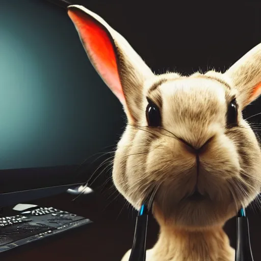 Image similar to A rabbit, playing on a computer, wearing a headset, big monitor, angry, realistic, HDR shot