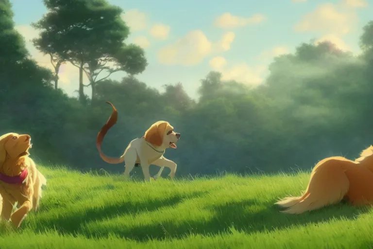 Image similar to a wholesome animation key shot of a golden retriever and a cat playing on a hill, medium shot, studio ghibli, pixar and disney animation, sharp, rendered in unreal engine 5, anime key art by greg rutkowski, bloom, dramatic lighting