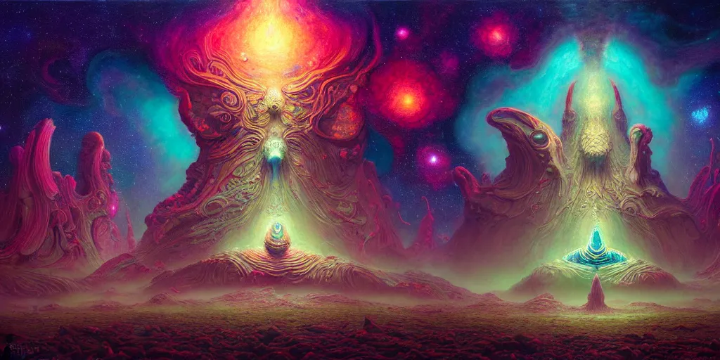 Image similar to of a beautiful digital photorealistic painting of a large alien shrine life and death surrounded by mystic nebula magical rosses by moebius and android jones, oil on canvas sharp, details, hyper - detailed, hd, hdr, 4 k, 8 k