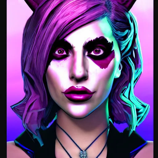 Image similar to lady gaga portrait, borderlands, tales from the borderlands, the wolf among us, comic, cinematic lighting, studio quality, 8 k