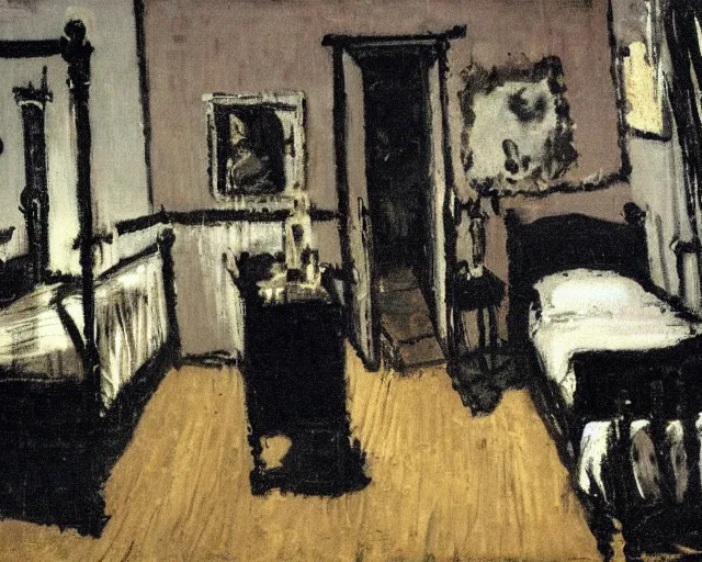 Image similar to jack the ripper's bedroom by walter sickert, creepy, expressionism,