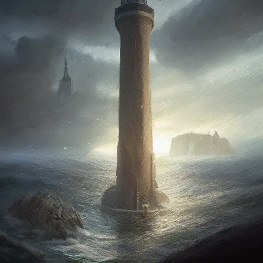 Image similar to the tower of hercules at the bottom of the sea, under water, greg rutkowski, 8 k, shallow depth of field, intricate detail, concept art,