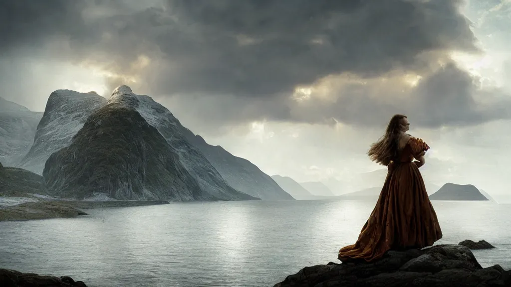 Prompt: queen, norway fjord, natalie portman back turned, hudson river school, max rive, stormy seas, white royal dress, f 1 6, bokeh, gentle, female, snowy, storm clouds, god rays, close up portrait, d & d, fantasy, elegant, low key color palette, concept art, roger deakins and greg rutkowski and alphonse mucha