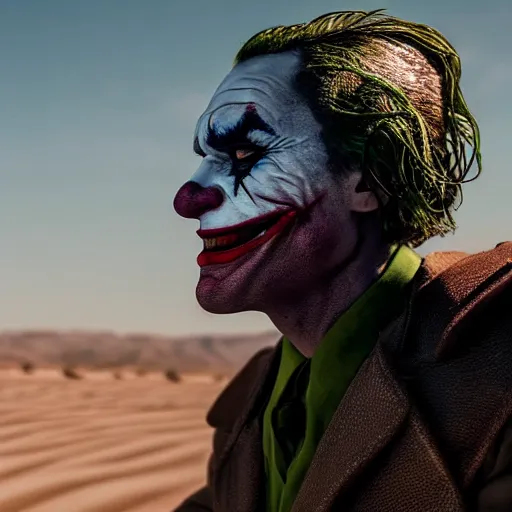 Image similar to cinematic portrait of the joker wearing t - 5 1 b power armor in the desert, 8 k, very detailed, very intricate,