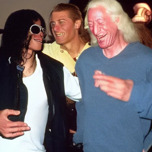 Prompt: jimmy saville and michael jackson laughing with reptilians