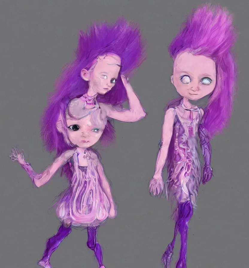 Image similar to little girl with eccentric pink hair wearing a dress made of purple fur, anatomically perfect, concept art,