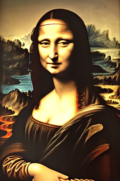 Image similar to Monica Bellucci as the Mona Lisa Painting