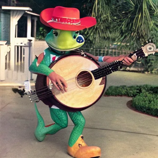 Image similar to an alligator playing a banjo and wearing a cowboy hat, vintage Disney