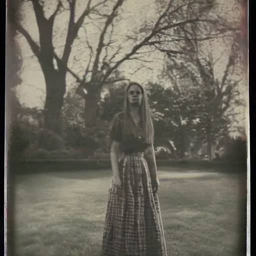 Image similar to woman at lawn, polaroid photography in style of andrey tarkovski, mystical, faith, sense of paranormal