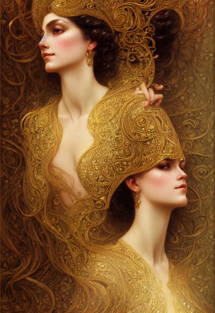 Image similar to character portrait of a modest woman, tall, feminine, powerful, modestly clothed, voluminous, intricate, elegant, highly detailed, digital painting, artstation, smooth, symmetrical, sharp focus, illustration, art by gaston bussiere and alphone mucha