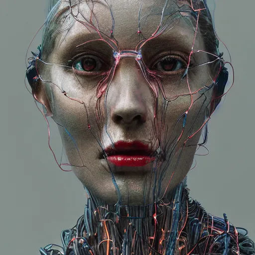 Prompt: glass sculpture of a woman's face, glowing veins, plastic, glowing eyes, fire in the background, Masterpiece, wires everywhere, by Edgar Maxence and Ross Tran, Zdzisław Beksiński, and Michael Whelan, distant, gustav dore, H.R. Giger, 8k, octane render