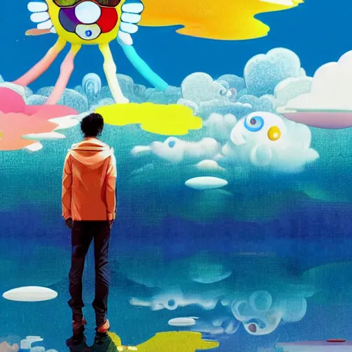 Image similar to a man walking on clouds away from the camera above a lake by takashi murakami, beeple and james jean, aya takano color style, 4 k, super detailed, modern, 4 k, symmetrical