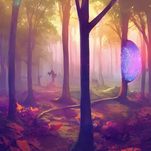 Prompt: 'Hello World' sign in a fairy forest, by Beeple, RHADS, and Greg Rutkowski, trending on artstation, unreal engine, 4k, high quality render, digital art