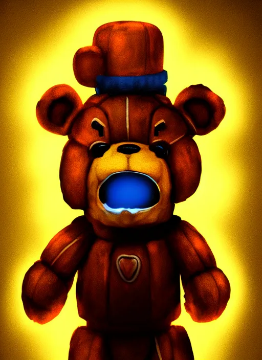 Image similar to portrait of freddy fazbear, glowing lights, highly detailed, digital painting, artstation, concept art, sharp focus, illustration