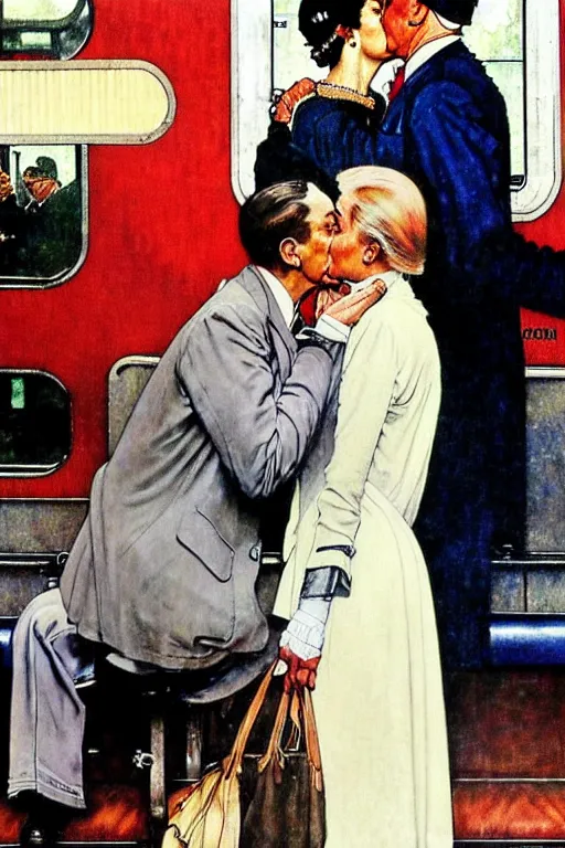 Prompt: romantic couple reunited in a train station, norman rockwell painting of donald trump kissing donald trump