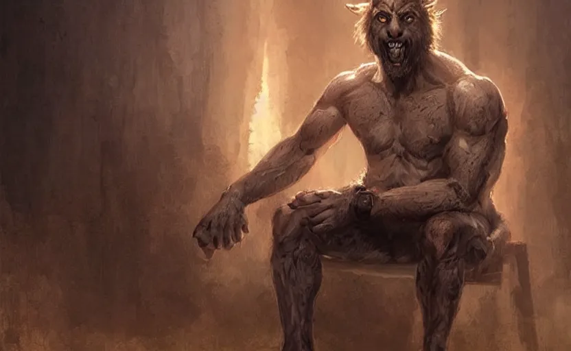 Prompt: Portrait of a rugged werewolf sitting down, male, muscular, detailed face, bare thighs!!!, simple clothing!!!!!, fantasy, medieval, highly detailed, cinematic lighting, digital art painting by greg rutkowski