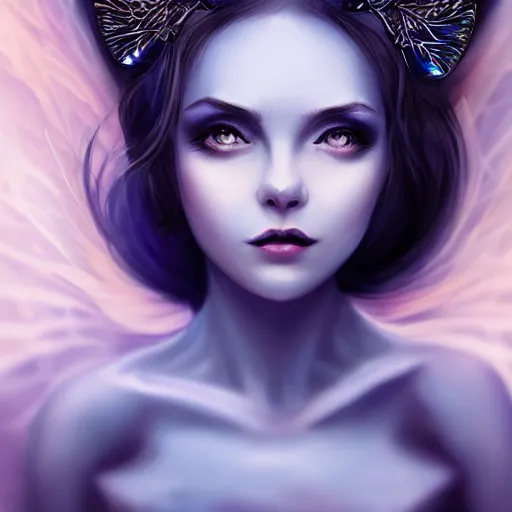 Prompt: detailed portrait of a dark fairy queen, crown, nebula wings, smiling, realism, pale blue, emerald, galaxy, sapphire,dark purple crown,leaves, moonlit, dark fantasy, dramatic lighting, cgsociety, artstation