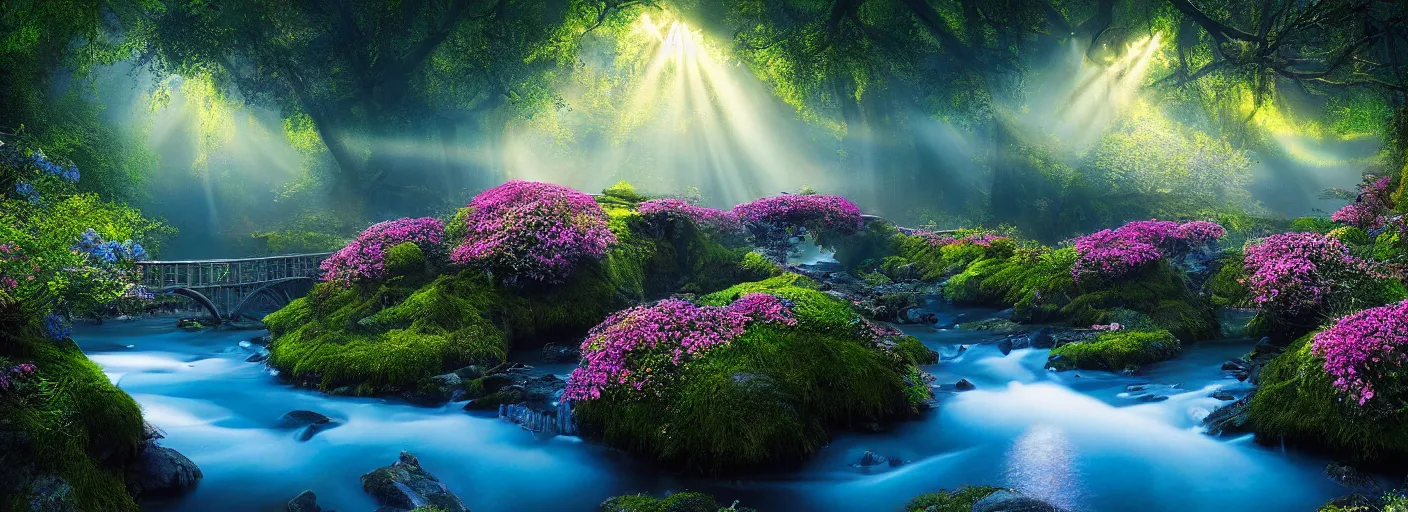 Prompt: photograph of enchanted garden, blue river in the middle, 1 glowing bridge crossing river, with rays of light, flowers with intricate detail, by marc adamus, highly detailed, intricate detail, cinematic lighting