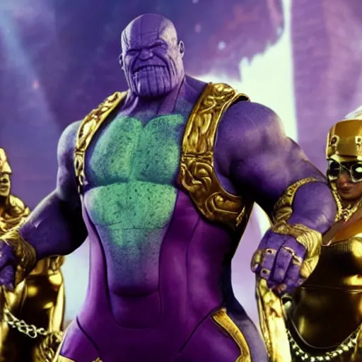 Image similar to thanos in a rap video with female backup dancers, he's wearing gold chains and hammer - pants