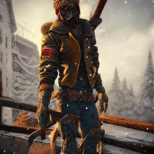 Image similar to A comic book style portrait painting of a male post apocalyptic punk warrior in a winter landscape, unreal 5, DAZ, hyperrealistic, octane render, RPG portrait, ambient light, dynamic lighting