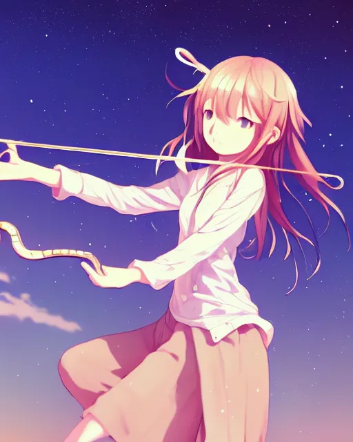 Image similar to teen, cute, melancholy, full body, cat girl, white skin, golden long wavy hair, holding a violin and playing a song, stunning art style, filters applied, lunar time, night sky, trending art, sharp focus, centered, landscape shot, fate zero, simple background, studio ghibly makoto shinkai yuji yamaguchi, by wlop