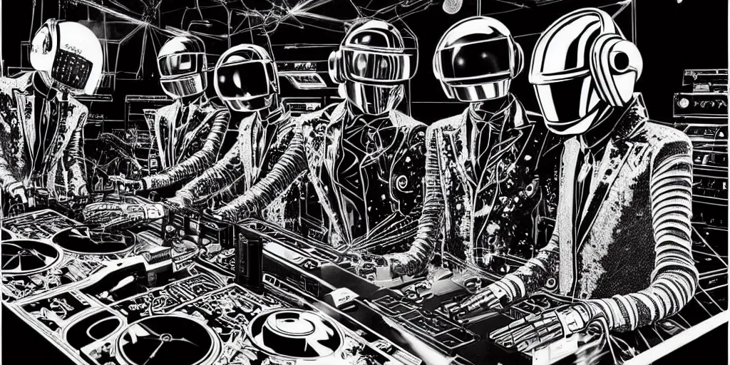 Image similar to intricate detailed artwork of 2 Daft Punk robot rock using dj controller at an underground warehouse rave in Ibiza, playing techno house music, thousands of beautiful girls in bikini dancing, in the style of Moebius, wires, speakers, black and white ink, some ink drips