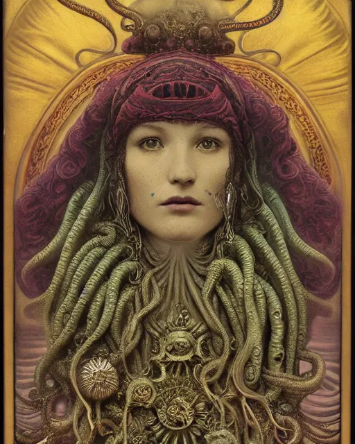 Image similar to daguerreotype hyperrealistic detailed face side portrait of the beautiful cthulhu priestess adorned with curse jewels and ceremonial robes, tintype art by ernst haeckel, john william godward, android jones, alphonso mucha, h. r. giger, gothic - cyberpunk, ornamental, beautiful deep colours, ambrotype