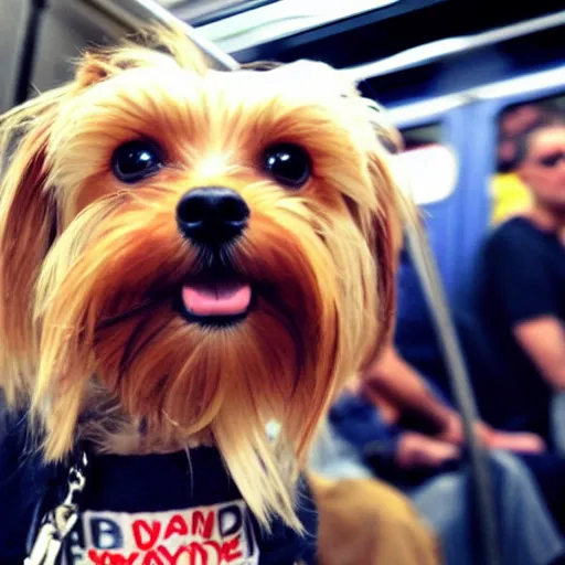 Image similar to yorkie dog taking a selfie in a subway train with angry homeless people behind him, realistic photo