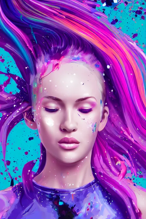 Image similar to a award winning half body portrait of a beautiful woman in a croptop and cargo pants with ombre purple pink teal hairstyle with head in motion and hair flying, paint splashes, splatter, outrun, vaporware, shaded flat illustration, digital art, trending on artstation, highly detailed, fine detail, intricate