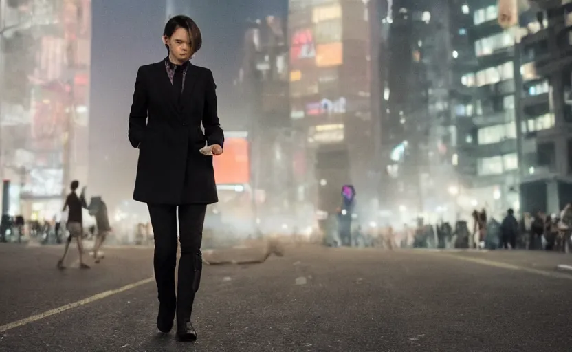 Image similar to a wide shot of a woman with a wool suit, very short hair, blurred face, wearing an omega speedmaster on her wrist in front of a crowded dystopian city full of people walking at night with fog and cyberpunk lights