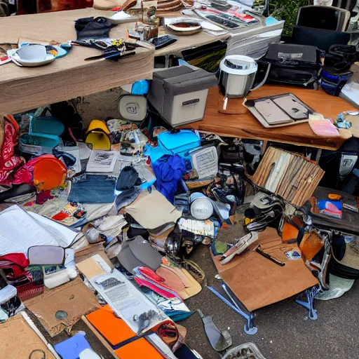 Prompt: photo of a cluttered table at a garage sale, highly detailed, high quality, HD, 4k, 8k, Canon 300mm, professional photographer, 40mp, lifelike, top-rated, award winning, realistic, sharp, no blur, edited, corrected, trending