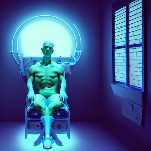 Image similar to Dr.Manhattan in Ukrainian village house, siting on a toilet, photorealism, by Beeple