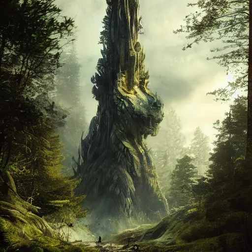 Image similar to a giant creature toweringover the forest, 8 k octane beautifully detailed render, post - processing, extremely hyper - detailed, intricate, epic composition, cinematic lighting, masterpiece, trending on artstation, masterpiece, stunning art by anders zorn, wonderful masterpiece by greg rutkowski, beautiful cinematic