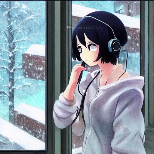 Image similar to Anime painting of a black haired girl wearing headphones looking out of the window into the snowy cold city while studying in her warm cozy home, by makoto shinkai, relaxed, calm, trending on artstation, kimi no na wa