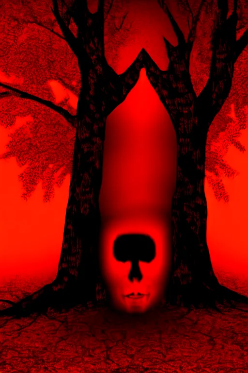 Prompt: a demon inside a red tree, black eyes, creepy