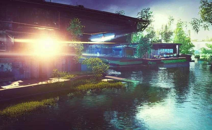 Image similar to photorealistic cyberpunk lakehousein a lush dessert oasis. daylight. sunlight. lens flare. light fixtures. 8K. detailed. photorealism. artstation. 25mm f/1.7 ASPH Lens. ultra realistic