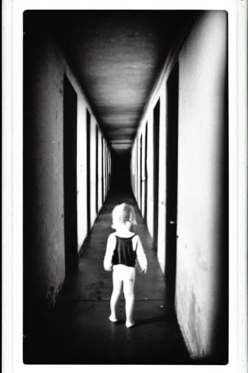 Prompt: photo polaroid of a sad and lonely child in the middle of a long corridor inside a prison, loneliness , black and white ,photorealistic, 35mm film,