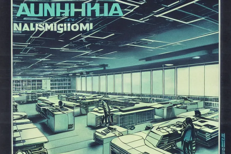 Image similar to 1979 OMNI Magazine Cover depicting a large architectural drafting room. Cyberpunk Akira style by Vincent Di Fate