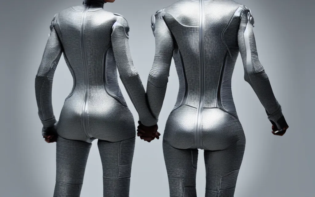 Image similar to love, diverse grey cybersuits, from behind, wide wide angle, vivid, elaborate, highly detailed, beautiful lighting