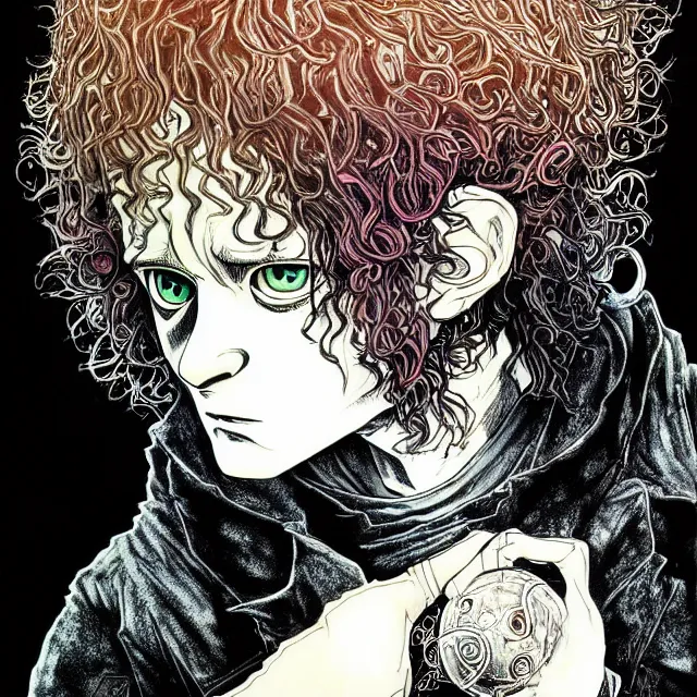 Prompt: symmetrical complex fine detail, black ink & copic markers, vibrant muted colors, disturbing grunge still of a [ solomonic demon infested ] [ frodo baggins ], by yoshitaka amano, by mike allred